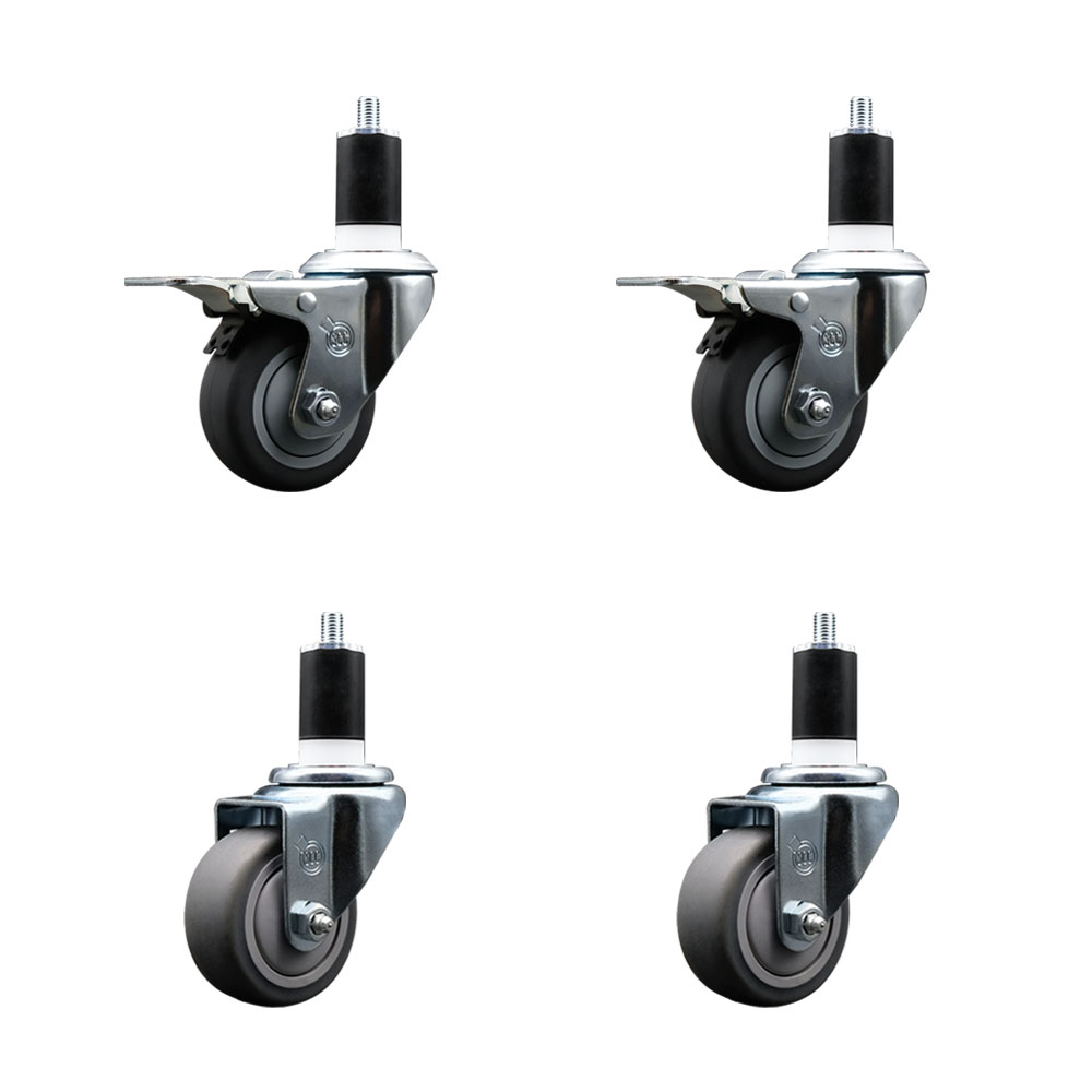 Stainless Steel Thermoplastic Rubber Swivel Expanding Stem Caster Set of 4 with 3 Inch Gray Wheels and 1-1/2" Stems - 2 with Total Locking Brakes - 840 lbs Total Capacity - Service Caster Brand — photo 1