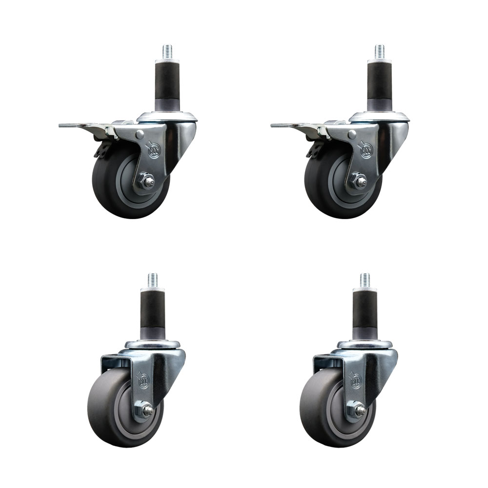Stainless Steel Thermoplastic Rubber Swivel Expanding Stem Caster Set of 4 with 3 Inch Gray Wheels and 1-1/4" Stems - 2 with Total Locking Brakes - 840 lbs Total Capacity - Service Caster Brand — photo 1