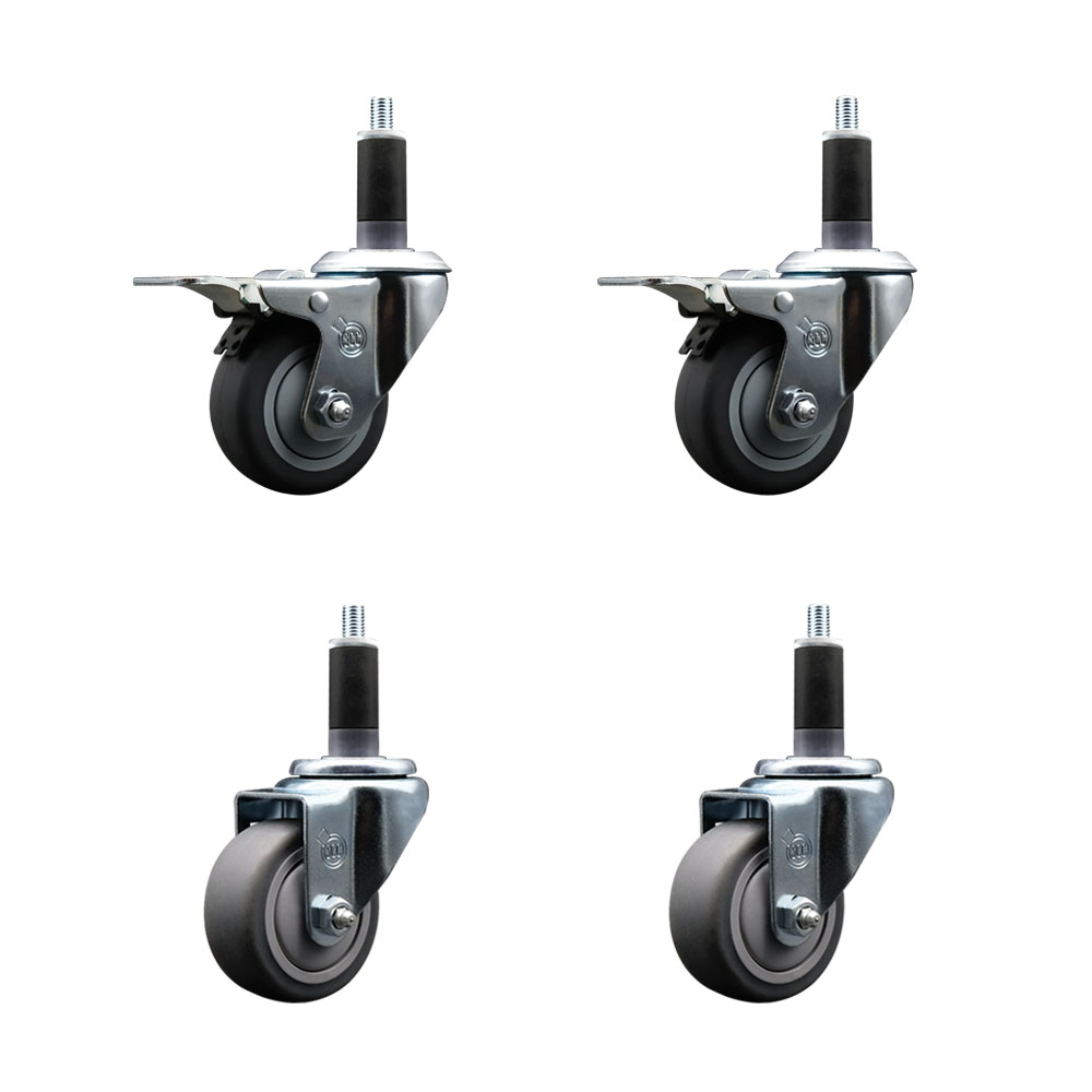 Stainless Steel Thermoplastic Rubber Swivel Expanding Stem Caster Set of 4 with 3 Inch Gray Wheels and 1-1/8" Stems - 2 with Total Locking Brakes - 840 lbs Total Capacity - Service Caster Brand — photo 1
