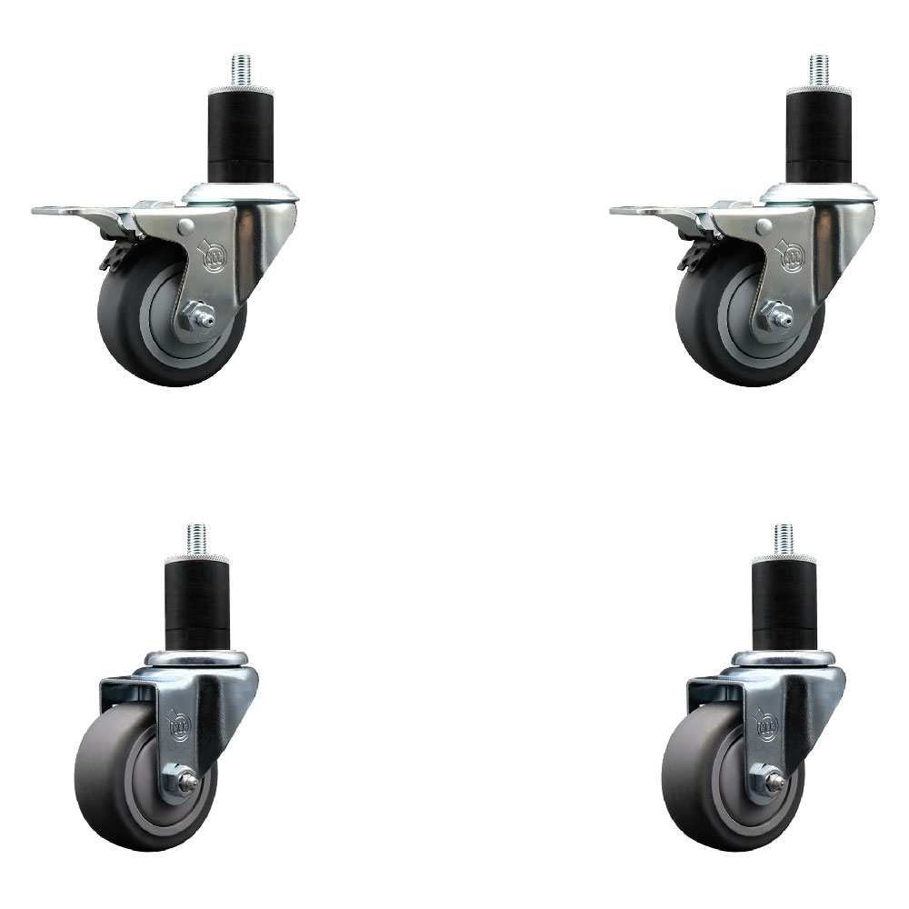 Thermoplastic Rubber Swivel Expanding Stem Caster Set of 4 with 3 Inch Gray Wheels and 1-3/4" Stems - Includes 2 with Total Locking Brakes - 840 lbs Total Capacity - Service Caster Brand — photo 1