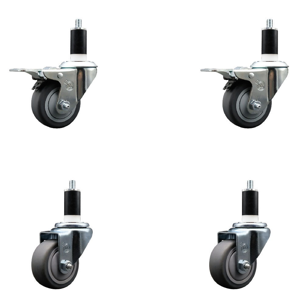 Stainless Steel Thermoplastic Rubber Swivel Expanding Stem Caster Set of 4 with 3 Inch Gray Wheels and 1-3/8" Stems - 2 with Total Locking Brakes - 840 lbs Total Capacity - Service Caster Brand — photo 1