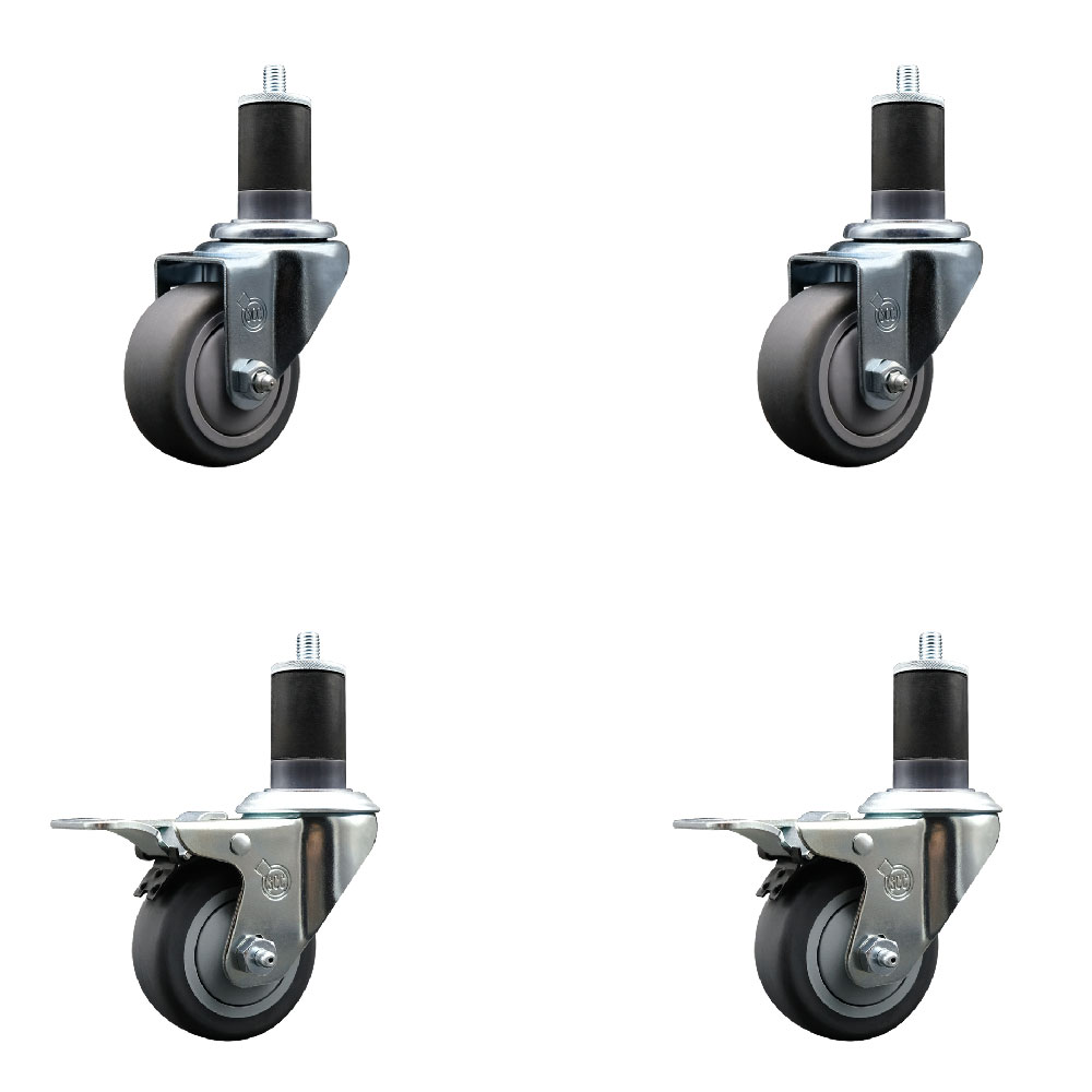 Stainless Steel Thermoplastic Rubber Swivel Expanding Stem Caster Set of 4 with 3 Inch Gray Wheels and 1-5/8" Stems - 2 with Total Locking Brakes - 840 lbs Total Capacity - Service Caster Brand — photo 1