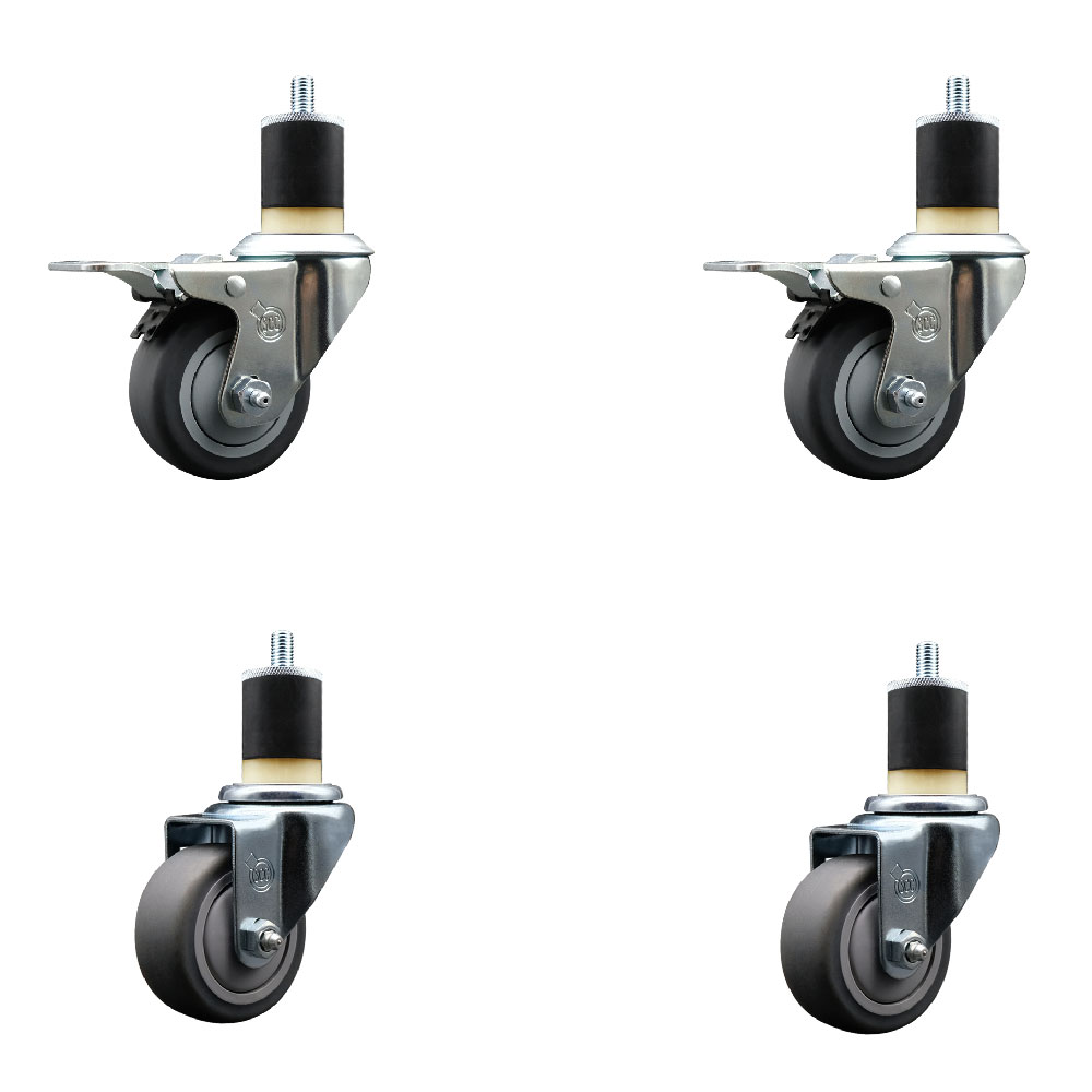 Thermoplastic Rubber Swivel Expanding Stem Caster Set of 4 with 3 Inch Gray Wheels and 1-7/8" Stems - Includes 2 with Total Locking Brakes - 840 lbs Total Capacity - Service Caster Brand — photo 1