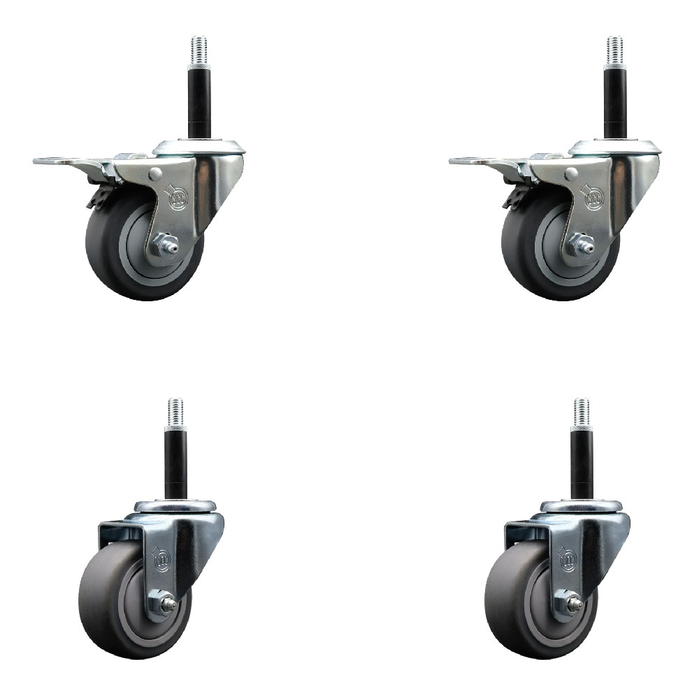 Thermoplastic Rubber Swivel Expanding Stem Caster Set of 4 with 3 Inch Gray Wheels and 3/4" Stems - Includes 2 with Total Locking Brakes - 840 lbs Total Capacity - Service Caster Brand — photo 1