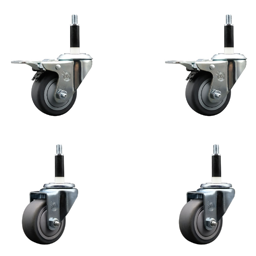 Thermoplastic Rubber Swivel Expanding Stem Caster Set of 4 with 3 Inch Gray Wheels and 7/8" Stems - Includes 2 with Total Locking Brakes - 840 lbs Total Capacity - Service Caster Brand — photo 1