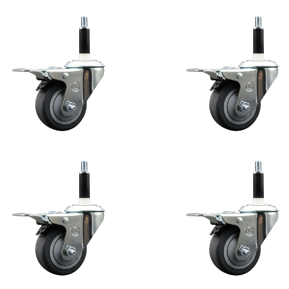 Stainless Steel Thermoplastic Rubber Swivel Expanding Stem Caster Set of 4 with 3 Inch Gray Wheels and 7/8" Stems-4 Swivel with Total Locking Brakes-210 lbs. Capacity Per Caster-Service Caster Brand — photo 1