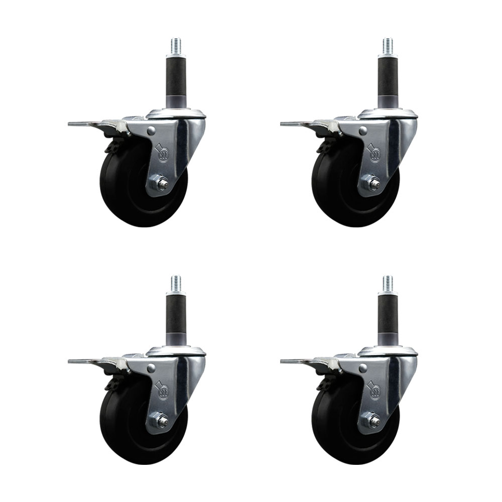 Stainless Steel Soft Rubber Swivel Expanding Stem Caster Set of 4 with 3.5 Inch Black Wheels and 1" Stems - 4 Swivel with Total Locking Brakes - 200 lbs. Capacity Per Caster - Service Caster Brand — photo 1