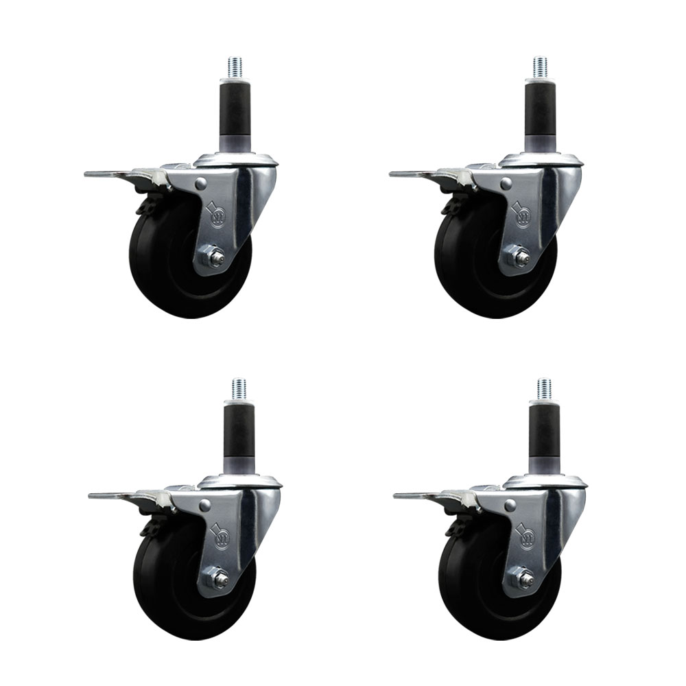 Stainless Steel Soft Rubber Swivel Expanding Stem Caster Set of 4 with 3.5 Inch Black Wheels and 1-1/8" Stems - 4 Swivel with Total Locking Brakes - 200 lbs. Capacity Per Caster - Service Caster Brand — photo 1