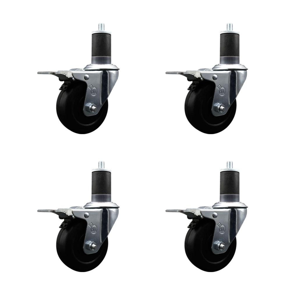 Stainless Steel Soft Rubber Swivel Expanding Stem Caster Set of 4 with 3.5 Inch Black Wheels and 1-5/8" Stems - 4 Swivel with Total Locking Brakes - 200 lbs. Capacity Per Caster - Service Caster Brand — photo 1