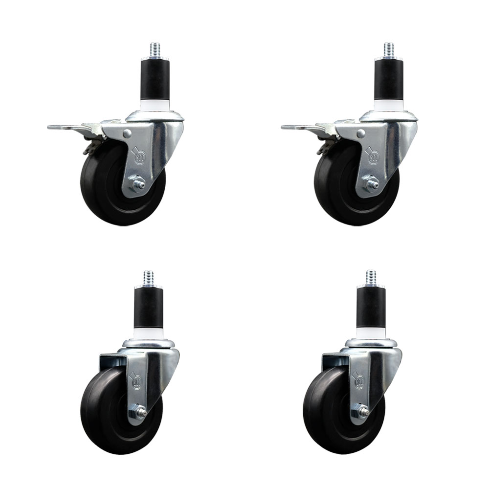 Stainless Steel Soft Rubber Swivel Expanding Stem Caster Set of 4 with 3.5 Inch Black Wheels and 1-1/2" Stems - Includes 2 with Total Locking Brakes - 800 lbs Total Capacity - Service Caster Brand — photo 1