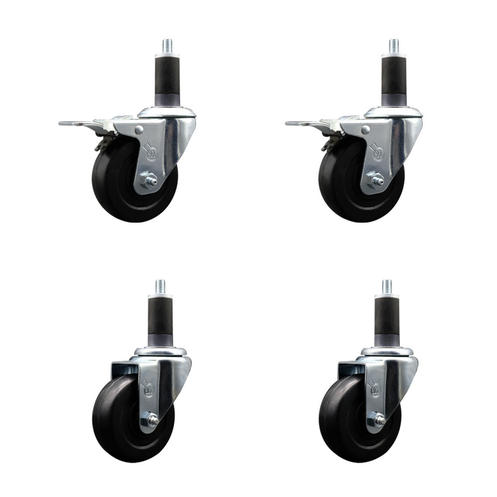 Soft Rubber Swivel Expanding Stem Caster Set of 4 with 3.5 Inch Black Wheels and 1-1/4" Stems - Includes 2 with Total Locking Brakes - 800 lbs Total Capacity - Service Caster Brand — photo 1