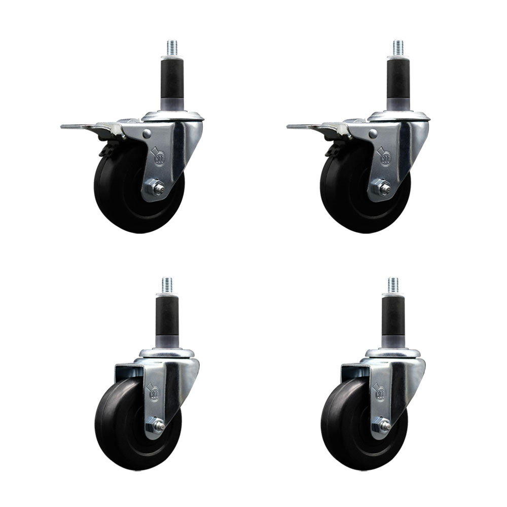 Soft Rubber Swivel Expanding Stem Caster Set of 4 with 3.5 Inch Black Wheels and 1-1/8" Stems - Includes 2 with Total Locking Brakes - 800 lbs Total Capacity - Service Caster Brand — photo 1