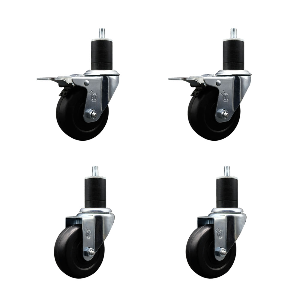 Soft Rubber Swivel Expanding Stem Caster Set of 4 with 3.5 Inch Black Wheels and 1-3/4" Stems - Includes 2 with Total Locking Brakes - 800 lbs Total Capacity - Service Caster Brand — photo 1