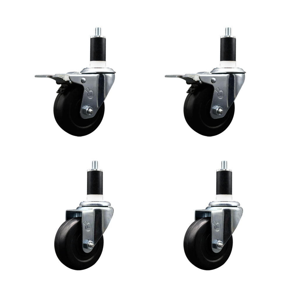 Soft Rubber Swivel Expanding Stem Caster Set of 4 with 3.5 Inch Black Wheels and 1-3/8" Stems - Includes 2 with Total Locking Brakes - 800 lbs Total Capacity - Service Caster Brand — photo 1
