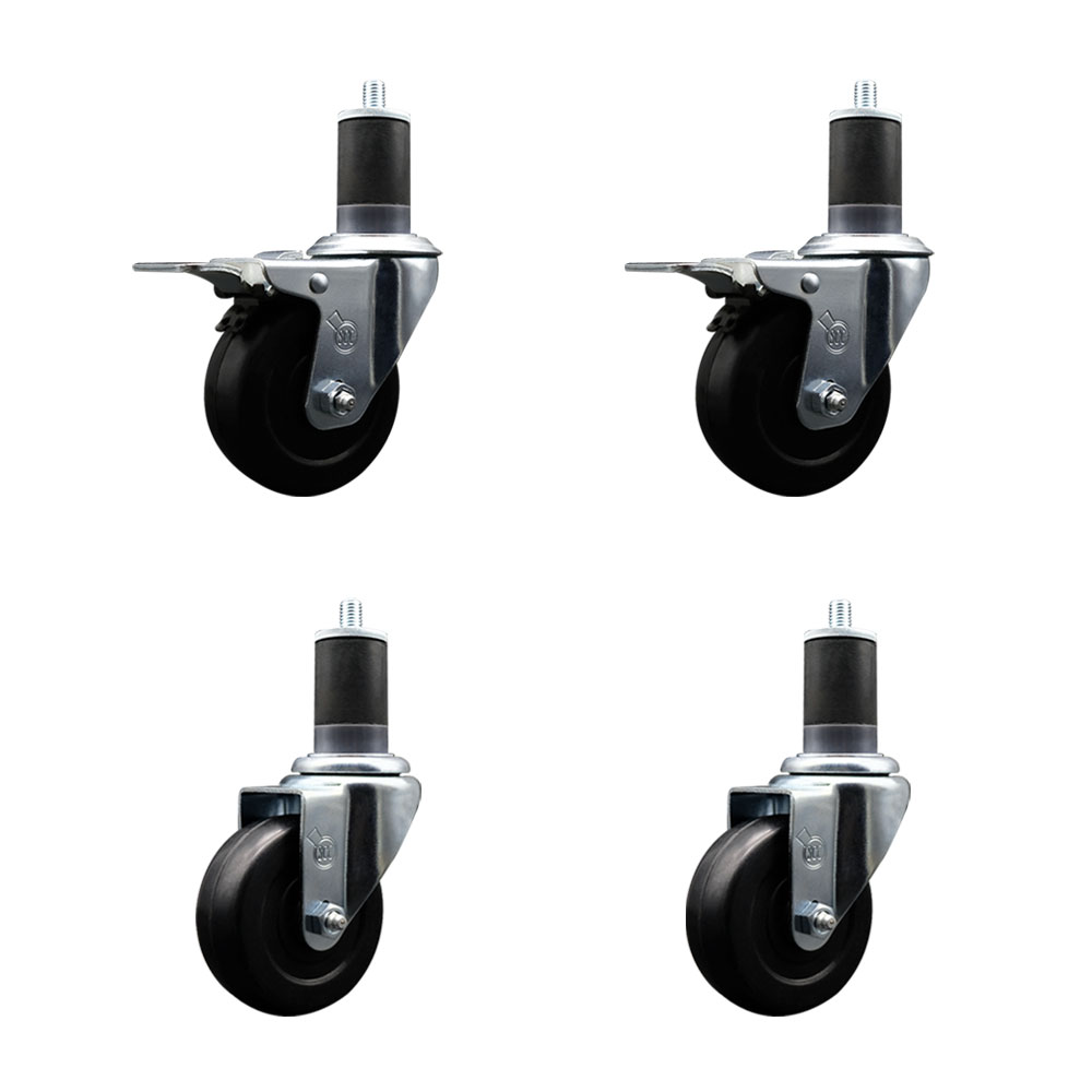 Stainless Steel Soft Rubber Swivel Expanding Stem Caster Set of 4 with 3.5 Inch Black Wheels and 1-5/8" Stems - Includes 2 with Total Locking Brakes - 800 lbs Total Capacity - Service Caster Brand — photo 1