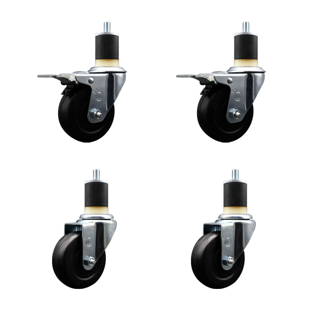 Soft Rubber Swivel Expanding Stem Caster Set of 4 with 3.5 Inch Black Wheels and 1-7/8" Stems - Includes 2 with Total Locking Brakes - 800 lbs Total Capacity - Service Caster Brand — photo 1
