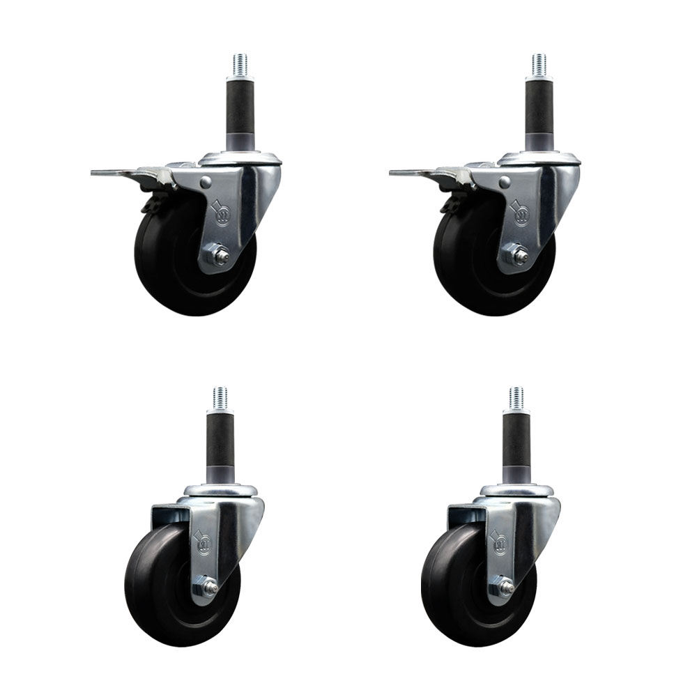 Stainless Steel Hard Rubber Swivel Expanding Stem Caster Set of 4 w/3.5" x 1.25" Black Wheels and 1" Stems - Includes 2 with Total Locking Brake - 1140 lbs Total Capacity - Service Caster Brand — photo 1