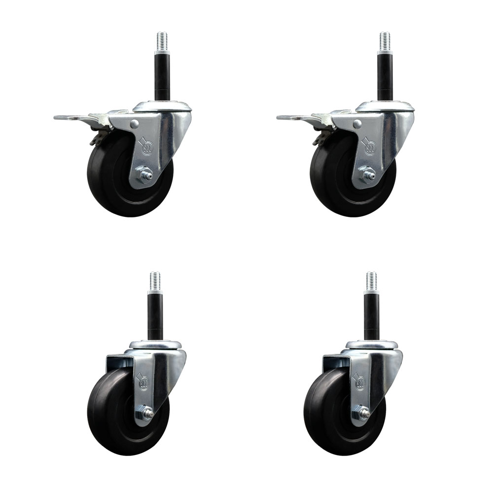 Stainless Steel Soft Rubber Swivel Expanding Stem Caster Set of 4 with 3.5 Inch Black Wheels and 3/4" Stems - Includes 2 with Total Locking Brakes - 800 lbs Total Capacity - Service Caster Brand — photo 1