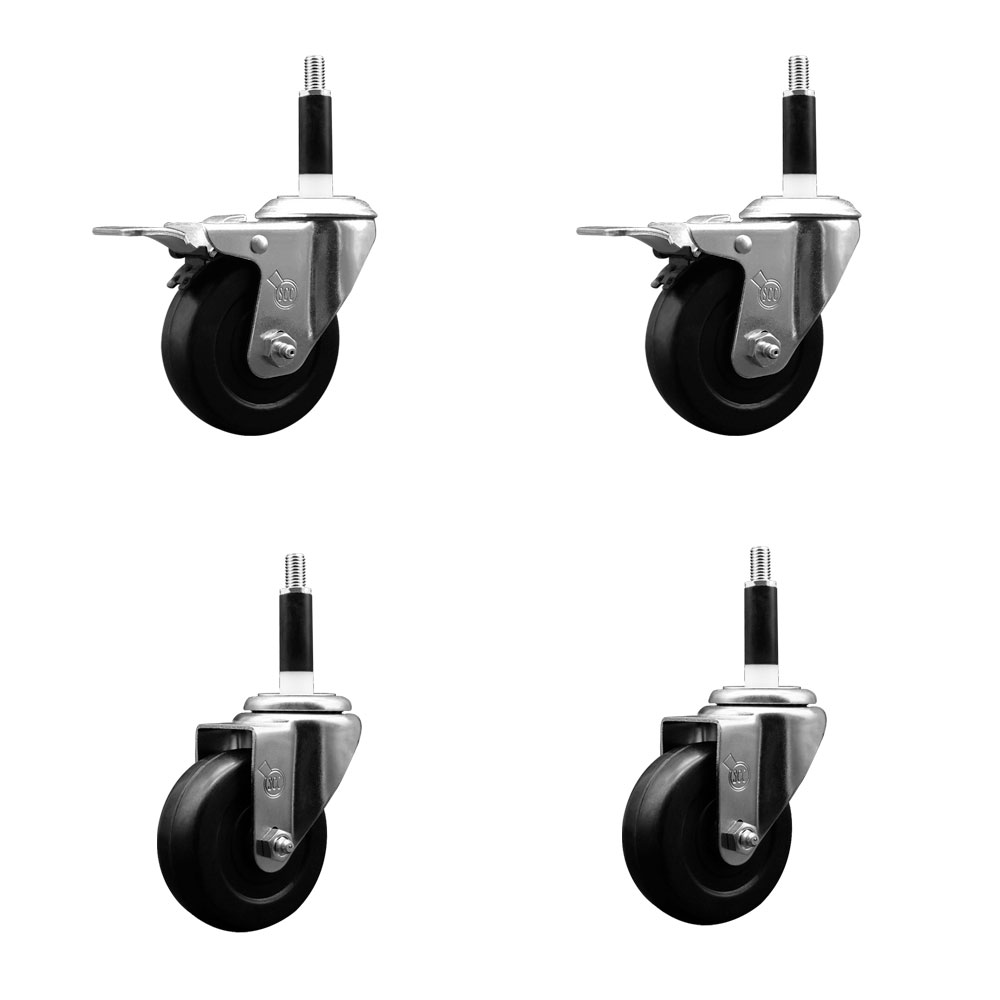 Soft Rubber Swivel Expanding Stem Caster Set of 4 with 3.5 Inch Black Wheels and 7/8" Stems - Includes 2 with Total Locking Brakes - 800 lbs Total Capacity - Service Caster Brand — photo 1