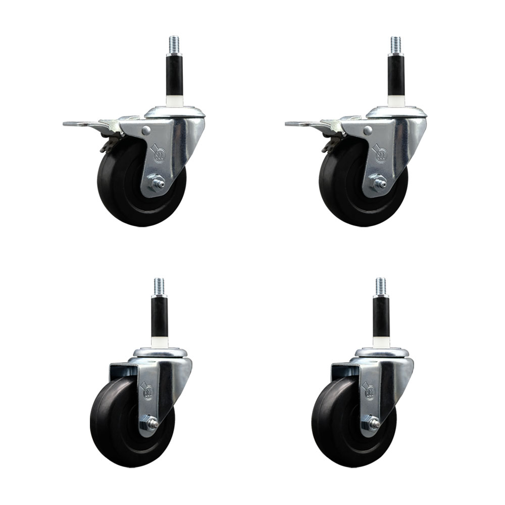 Hard Rubber Swivel Expanding Stem Caster Set of 4 w/3.5" x 1.25" Black Wheels and 7/8" Stems - Includes 2 with Total Locking Brake - 1140 lbs Total Capacity - Service Caster Brand — photo 1