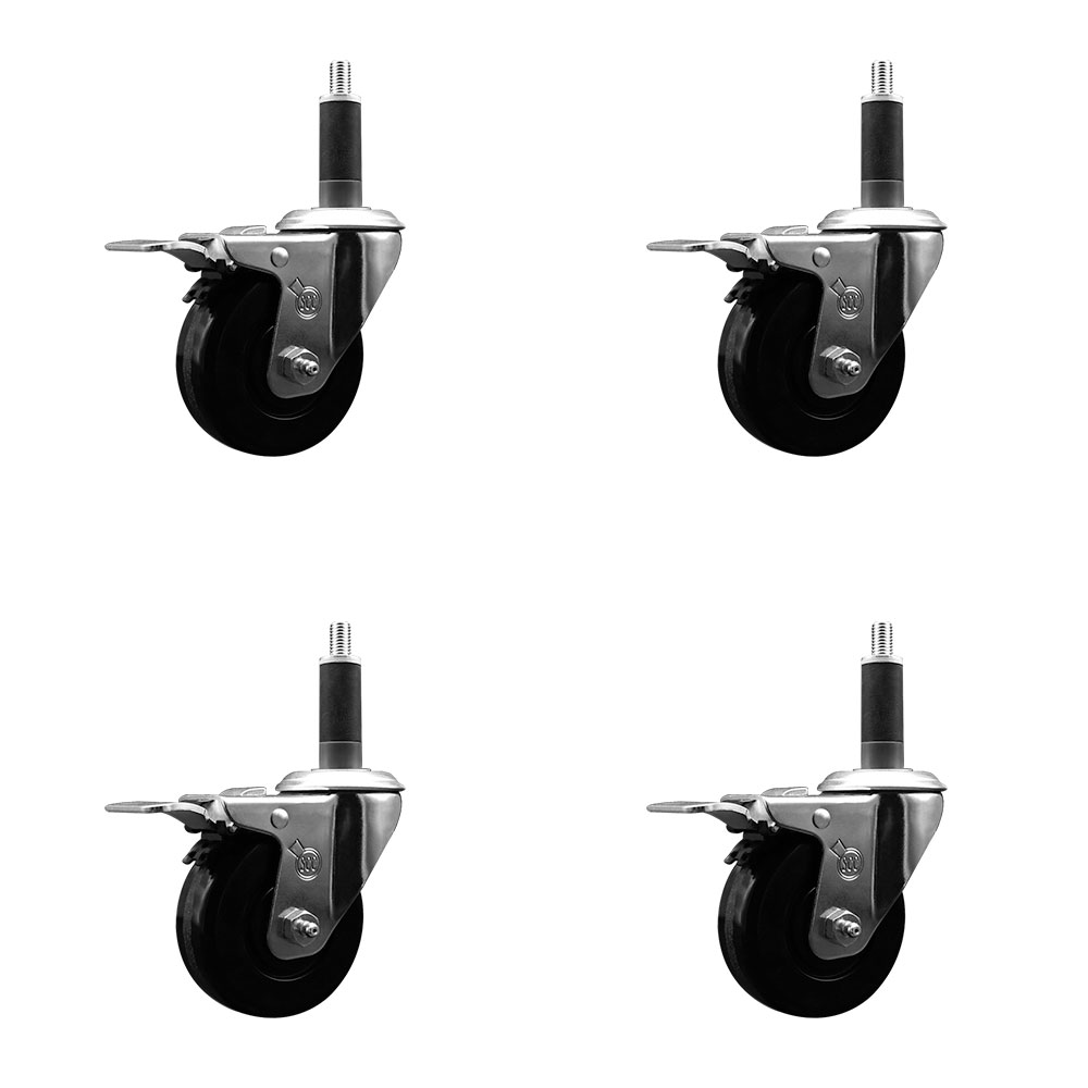 Phenolic Swivel Expanding Stem Caster Set of 4 with Roller Bearings - 3.5" x 1.25" Black Wheels and 1" Stems - Includes 4 with Total Lock Brakes - 1200 lbs Total Capacity - Service Caster Brand — photo 1