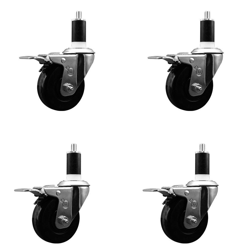 Phenolic Swivel Expanding Stem Caster Set of 4 with Roller Bearings - 3.5" x 1.25" Black Wheels and 1-3/8" Stems - Includes 4 with Total Lock Brakes - 1200 lbs Total Capacity - Service Caster Brand — photo 1