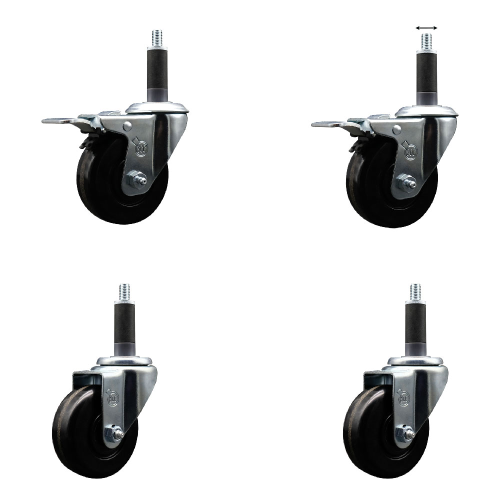 Phenolic Swivel Expanding Stem Caster Set of 4 w/Roller Bearings - 3.5" x 1.25" Black Wheels and 1" Stems - Includes 2 with Total Locking Brakes - 1200 lbs Total Capacity - Service Caster Brand — photo 1