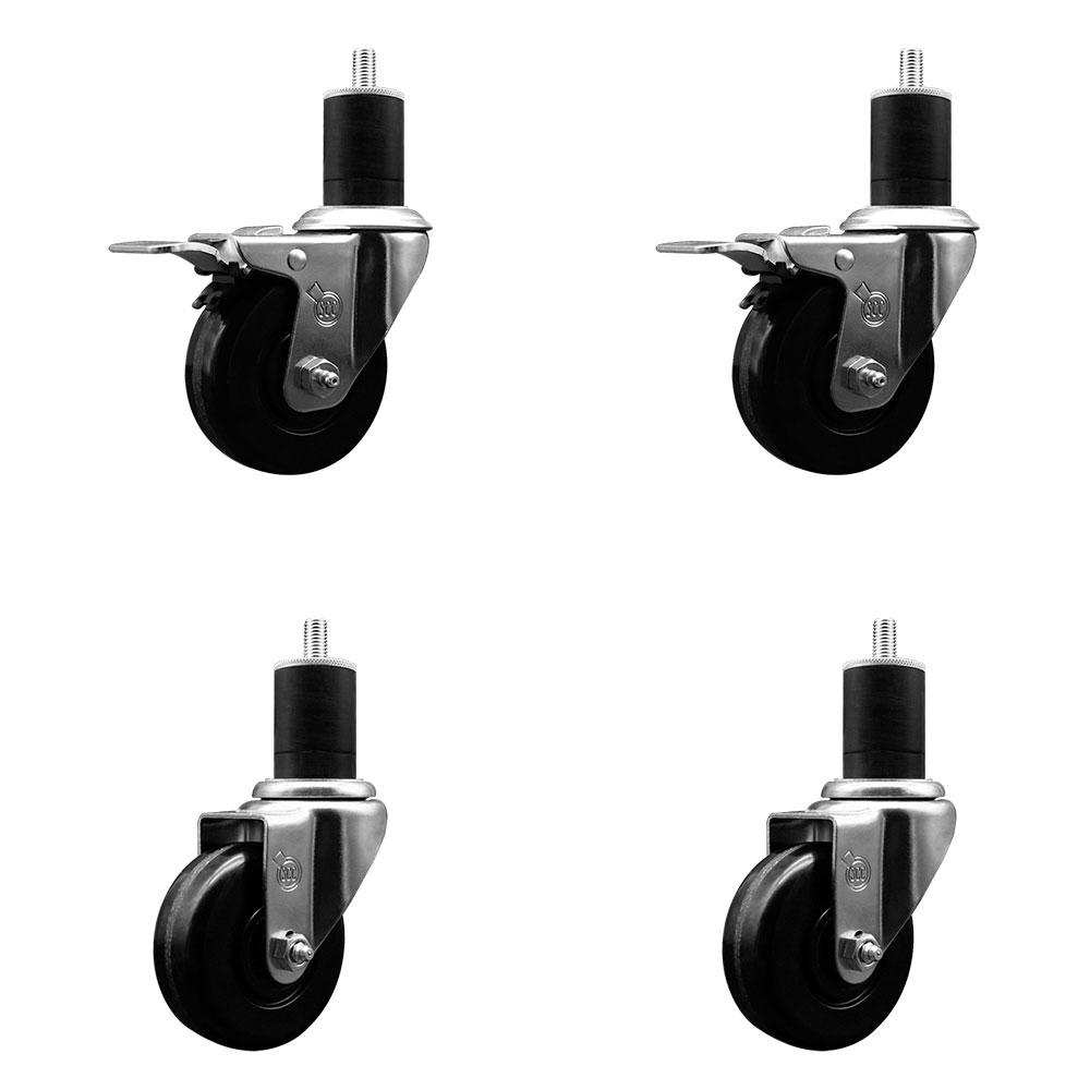 Phenolic Swivel Expanding Stem Caster Set of 4 w/Roller Bearings - 3.5" x 1.25" Black Wheels and 1-3/4" Stems - Includes 2 with Total Locking Brakes - 1200 lbs Total Capacity - Service Caster Brand — photo 1