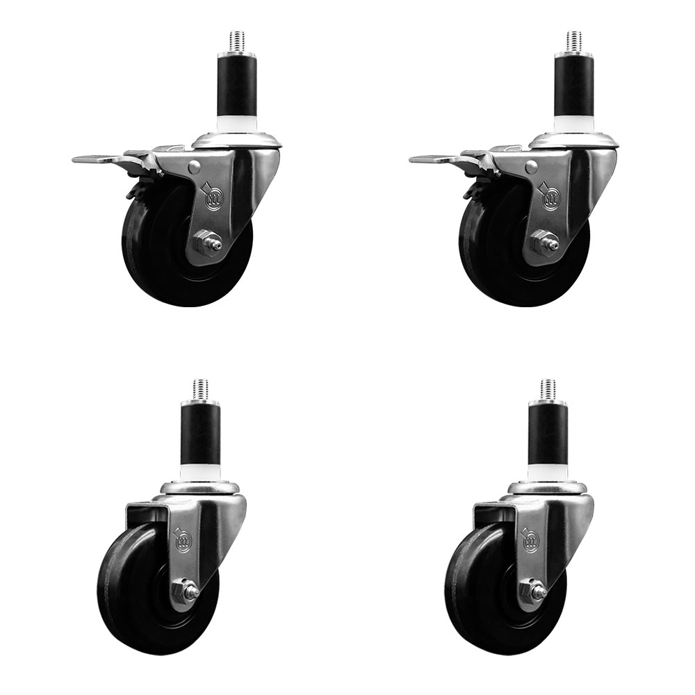 Phenolic Swivel Expanding Stem Caster Set of 4 w/Roller Bearings - 3.5" x 1.25" Black Wheels and 1-3/8" Stems - Includes 2 with Total Locking Brakes - 1200 lbs Total Capacity - Service Caster Brand — photo 1