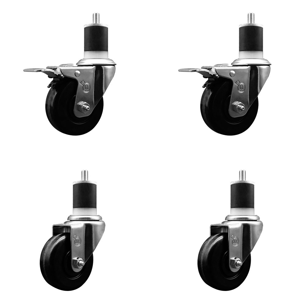 Phenolic Swivel Expanding Stem Caster Set of 4 with 3-1/2 Inch Black Wheels and 1-7/8" Stems - Includes 2 with Total Locking Brakes - 1200 lbs Total Capacity - Service Caster Brand — photo 1