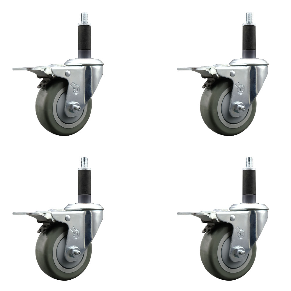 Stainless Steel Polyurethane Swivel Expanding Stem Caster Set of 4 with 3.5 Inch Gray Wheels and 1" Stems - 4 Swivel with Total Locking Brakes - 300 lbs. Capacity Per Caster - Service Caster Brand — photo 1