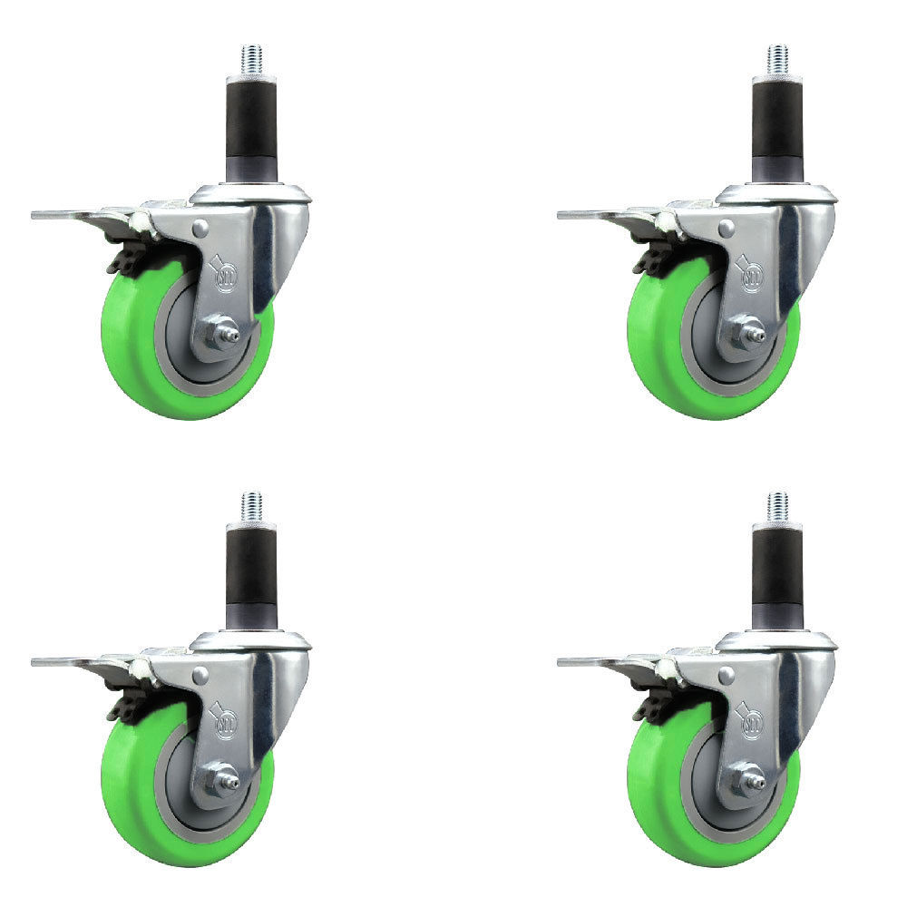 Stainless Steel Polyurethane Swivel Expanding Stem Caster Set of 4 with 3.5 Inch Green Wheel and 1-1/4" Stems-Include 4 Swivel with Total Locking Brake-300lbs. Capacity Per Caster-Service Caster Brand — photo 1