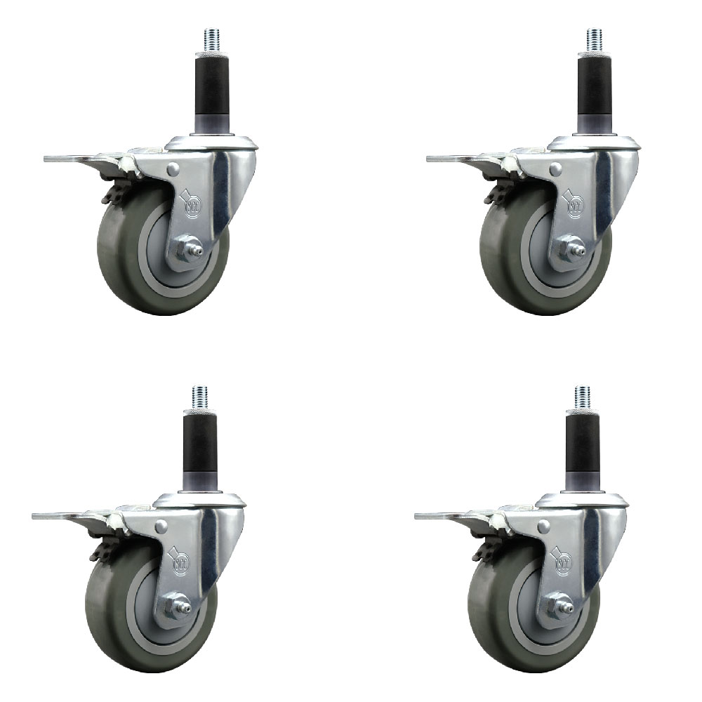 Stainless Steel Polyurethane Swivel Expanding Stem Caster Set of 4 with 3.5 Inch Gray Wheels and 1-1/8" Stems - 4 Swivel with Total Locking Brakes - 300 lbs. Capacity Per Caster - Service Caster Brand — photo 1