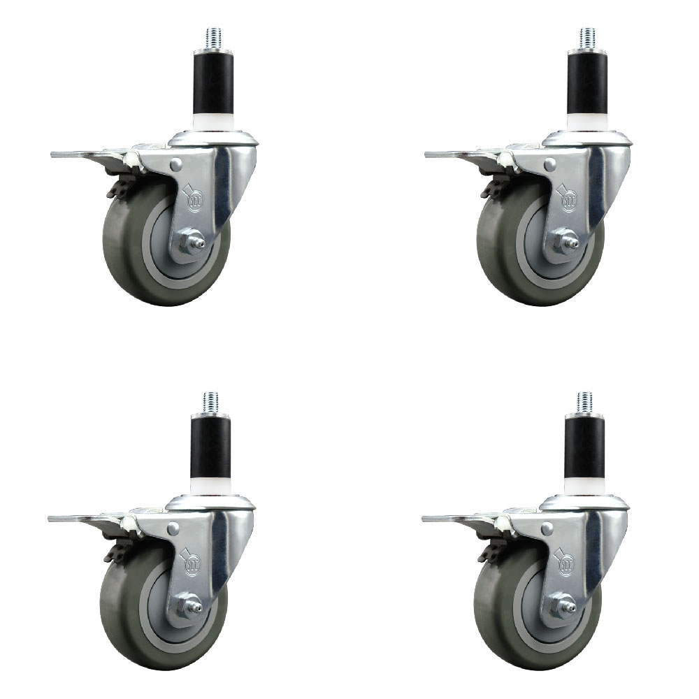 Stainless Steel Polyurethane Swivel Expanding Stem Caster Set of 4 with 3.5 Inch Gray Wheels and 1-3/8" Stems - 4 Swivel with Total Locking Brakes - 300 lbs. Capacity Per Caster - Service Caster Brand — photo 1