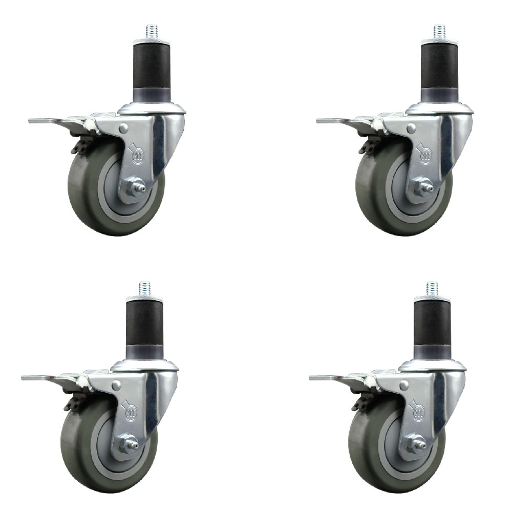 Stainless Steel Polyurethane Swivel Expanding Stem Caster Set of 4 with 3.5 Inch Gray Wheels and 1-5/8" Stems - 4 Swivel with Total Locking Brakes - 300 lbs. Capacity Per Caster - Service Caster Brand — photo 1