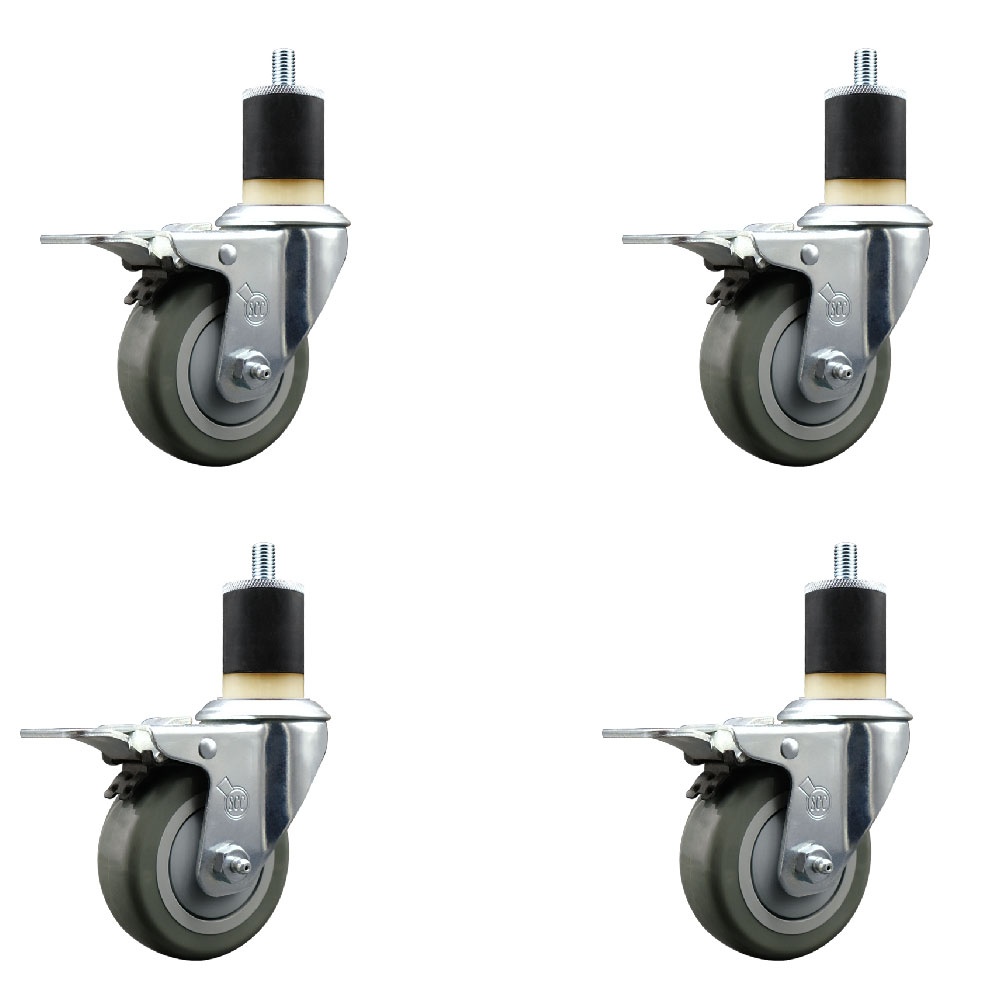Stainless Steel Polyurethane Swivel Expanding Stem Caster Set of 4 with 3.5 Inch Gray Wheels and 1-7/8" Stems - 4 Swivel with Total Locking Brakes - 300 lbs. Capacity Per Caster - Service Caster Brand — photo 1