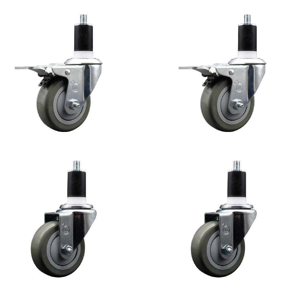 Polyurethane Swivel Expanding Stem Caster Set of 4 with 3.5 Inch Gray Wheels and 1-1/2" Stems - Includes 2 with Total Locking Brakes - 1200 lbs Total Capacity - Service Caster Brand — photo 1