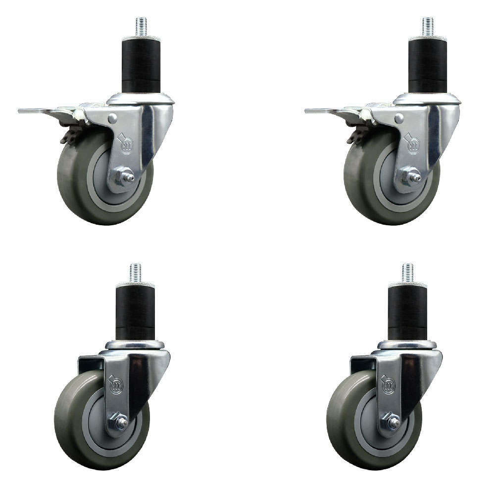 Stainless Steel Polyurethane Swivel Expanding Stem Caster Set of 4 with 3.5 Inch Gray Wheels and 1-3/4" Stems - Includes 2 with Total Locking Brakes - 1200 lbs Total Capacity - Service Caster Brand — photo 1
