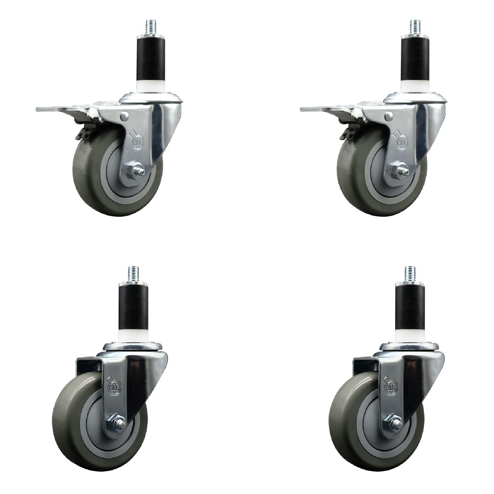 Stainless Steel Polyurethane Swivel Expanding Stem Caster Set of 4 with 3.5 Inch Gray Wheels and 1-3/8" Stems - Includes 2 with Total Locking Brakes - 1200 lbs Total Capacity - Service Caster Brand — photo 1