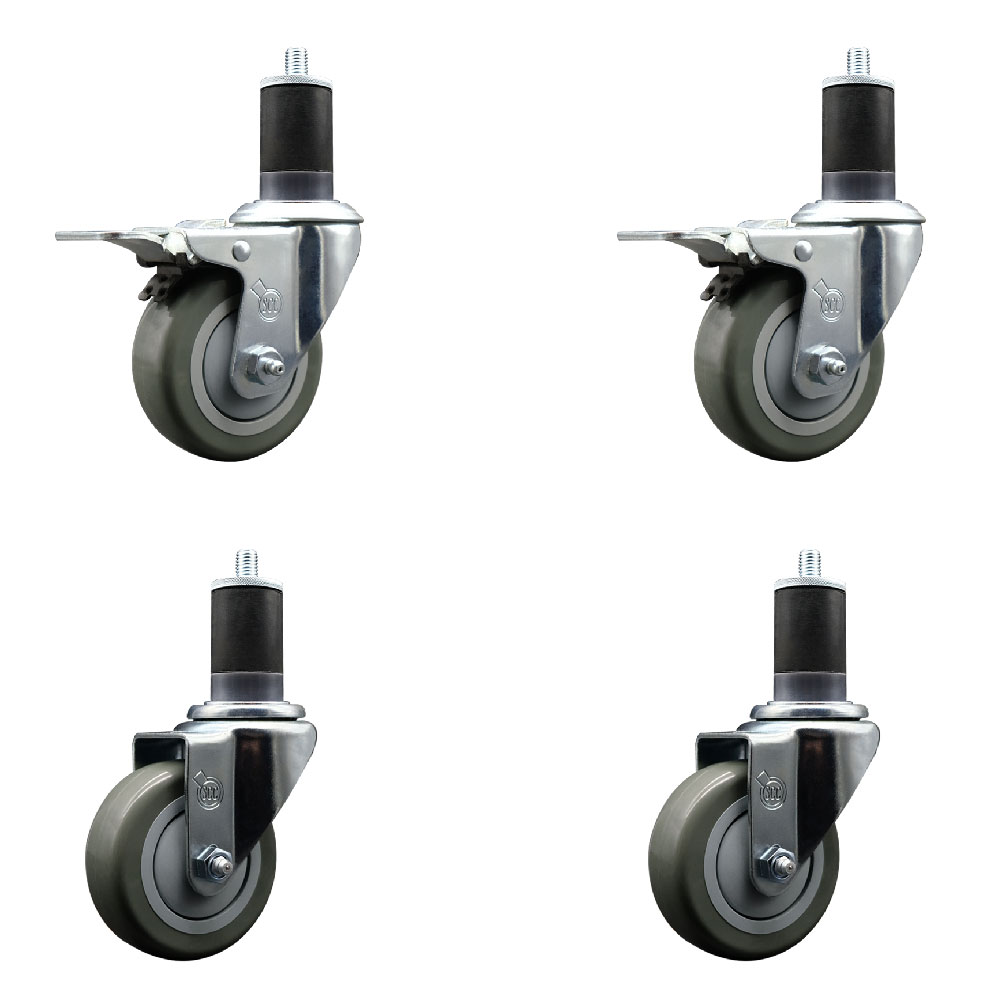 Polyurethane Swivel Expanding Stem Caster Set of 4 with 3.5 Inch Gray Wheels and 1-5/8" Stems - Includes 2 with Total Locking Brakes - 1200 lbs Total Capacity - Service Caster Brand — photo 1