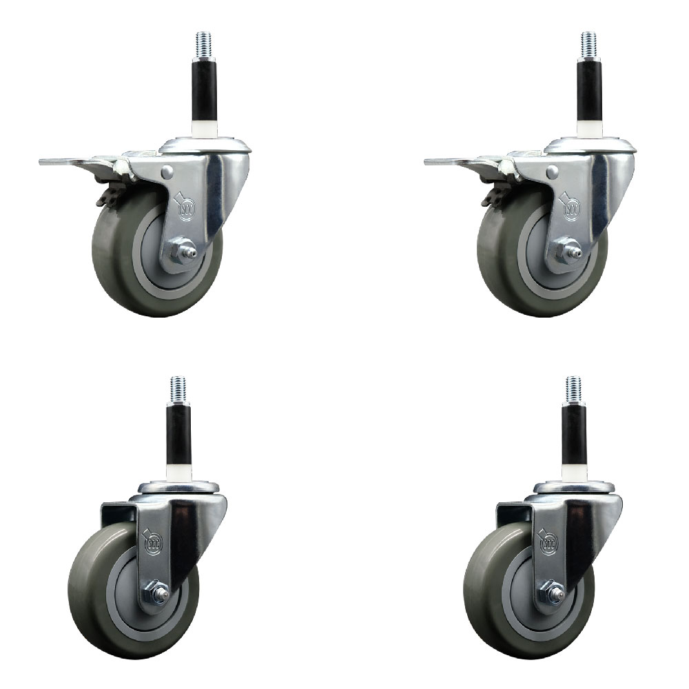 Stainless Steel Polyurethane Swivel Expanding Stem Caster Set of 4 with 3.5 Inch Gray Wheels and 7/8" Stems - Includes 2 with Total Locking Brakes - 1200 lbs Total Capacity - Service Caster Brand — photo 1