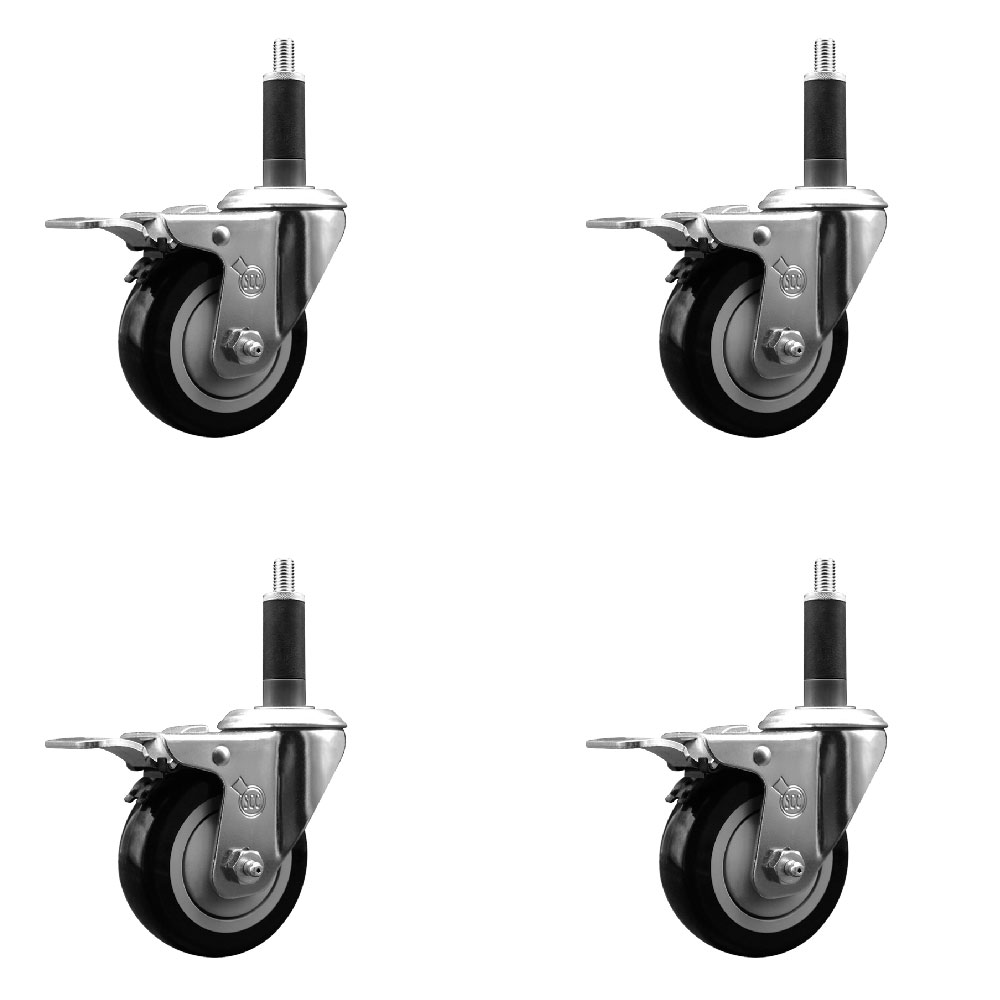 Stainless Steel Polyurethane Swivel Expanding Stem Caster Set of 4 with 3.5 Inch Black Wheels and 1" Stems - 4 Swivel with Total Locking Brakes - 300 lbs. Capacity Per Caster - Service Caster Brand — photo 1