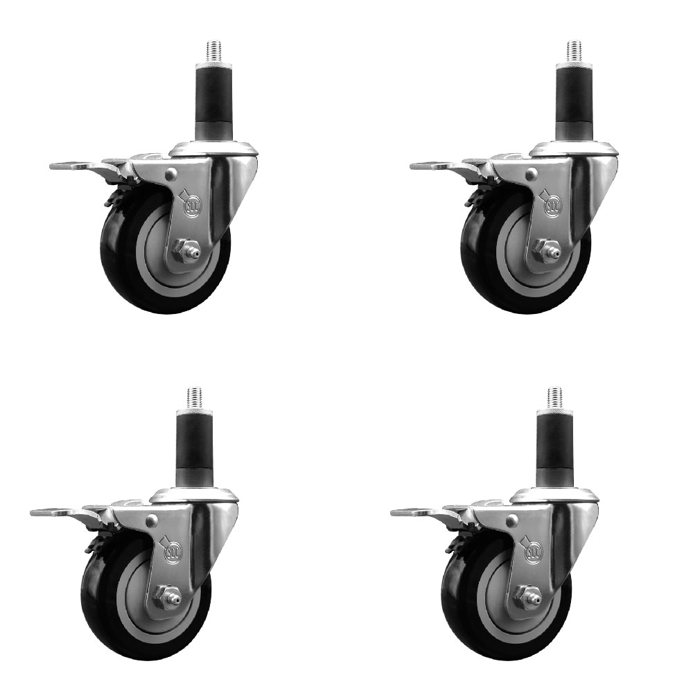 Polyurethane Swivel Expanding Stem Caster Set of 4 with 3.5 Inch Black Wheels and 1-1/4" Stems - Includes 4 Swivel with Total Locking Brakes - 300 lbs. Capacity Per Caster - Service Caster Brand — photo 1