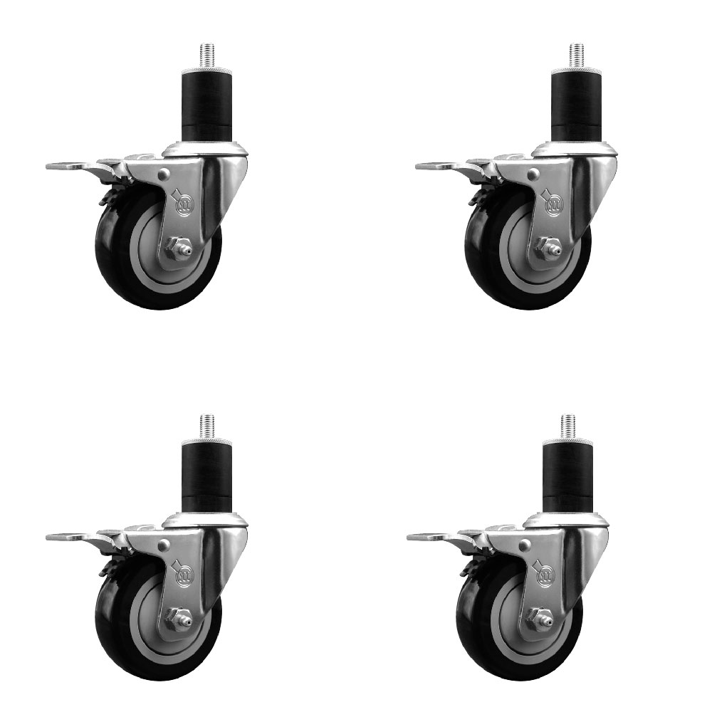 Stainless Steel Polyurethane Swivel Expanding Stem Caster Set of 4 with 3.5 Inch Black Wheels and 1-3/4" Stems - 4 Swivel with Total Locking Brakes - 300 lbs. Capacity Per Caster -Service Caster Brand — photo 1