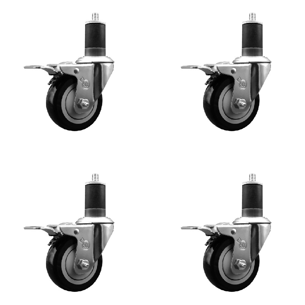 Stainless Steel Polyurethane Swivel Expanding Stem Caster Set of 4 with 3.5 Inch Black Wheels and 1-5/8" Stems - 4 Swivel with Total Locking Brakes - 300 lbs. Capacity Per Caster- Service Caster Brand — photo 1
