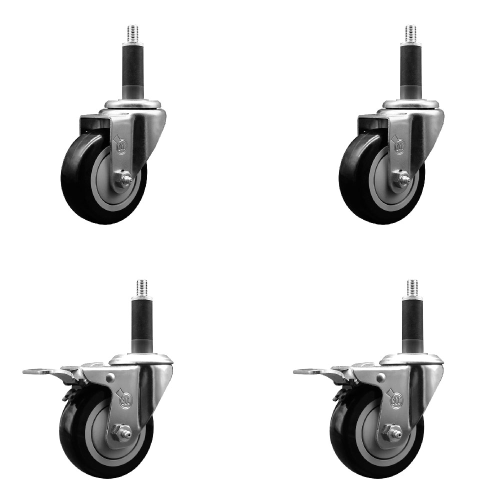 Polyurethane Swivel Expanding Stem Caster Set of 4 with 3.5 Inch Black Wheels and 1" Stems - Includes 2 with Total Locking Brakes - 1200 lbs Total Capacity - Service Caster Brand — photo 1