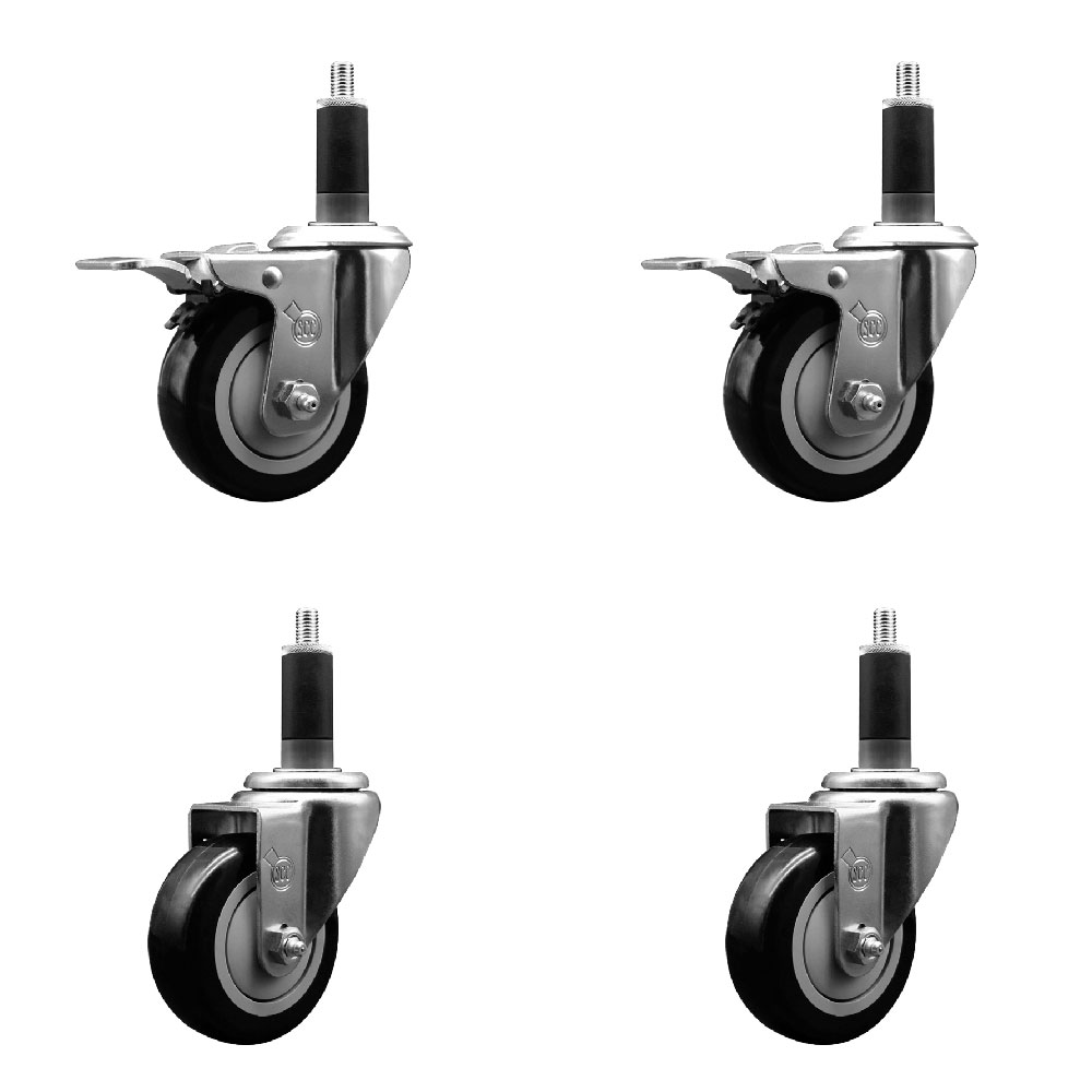 Stainless Steel Polyurethane Swivel Expanding Stem Caster Set of 4 with 3.5 Inch Black Wheels and 1-1/8" Stems - Includes 2 with Total Locking Brakes - 1200 lbs Total Capacity - Service Caster Brand — photo 1