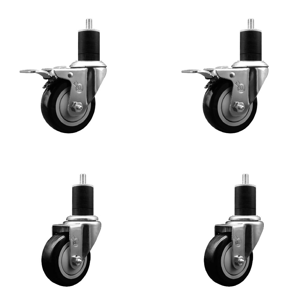 Stainless Steel Polyurethane Swivel Expanding Stem Caster Set of 4 with 3.5 Inch Black Wheels and 1-3/4" Stems - Includes 2 with Total Locking Brakes - 1200 lbs Total Capacity - Service Caster Brand — photo 1