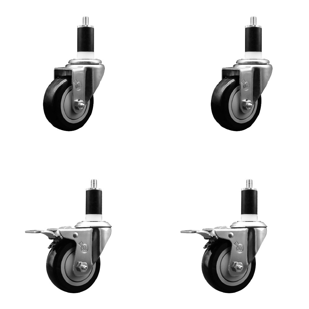 Polyurethane Swivel Expanding Stem Caster Set of 4 with 3.5 Inch Black Wheels and 1-3/8" Stems - Includes 2 with Total Locking Brakes - 1200 lbs Total Capacity - Service Caster Brand — photo 1
