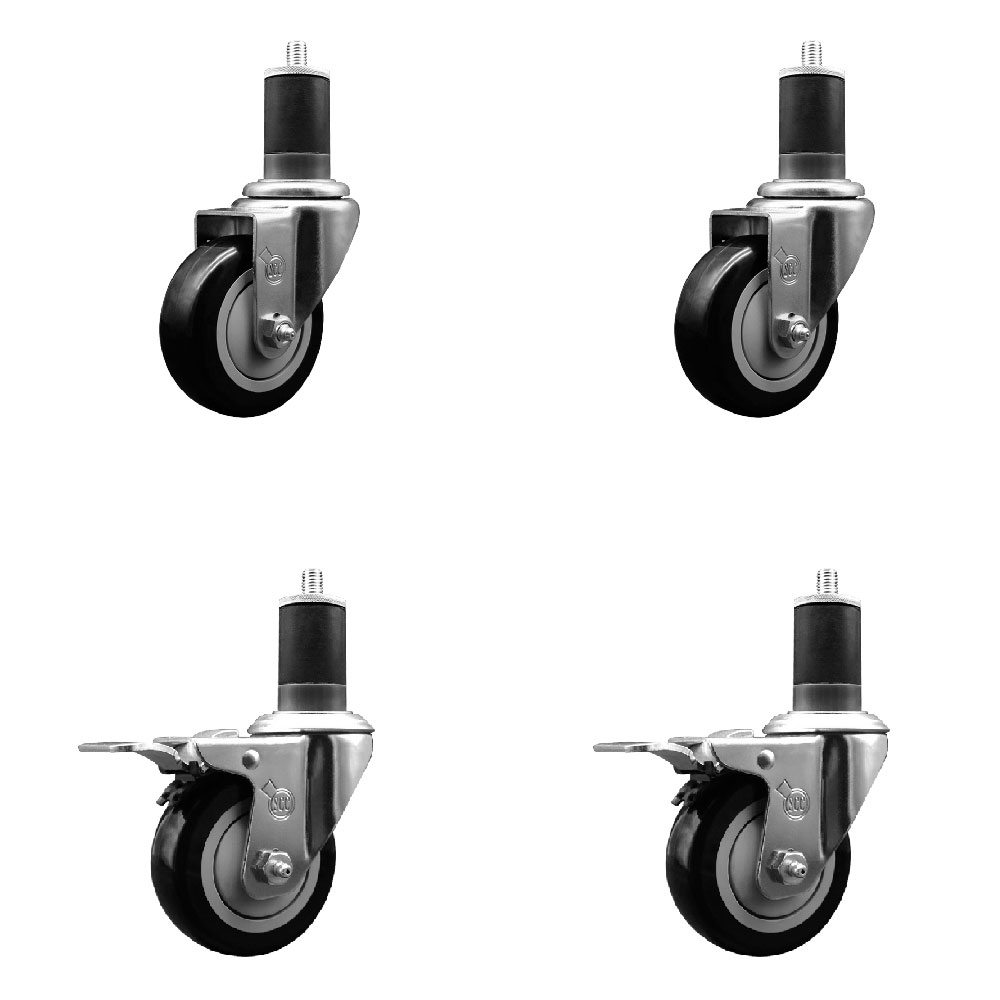 Stainless Steel Polyurethane Swivel Expanding Stem Caster Set of 4 with 3.5 Inch Black Wheels and 1-5/8" Stems - Includes 2 with Total Locking Brakes - 1200 lbs Total Capacity - Service Caster Brand — photo 1